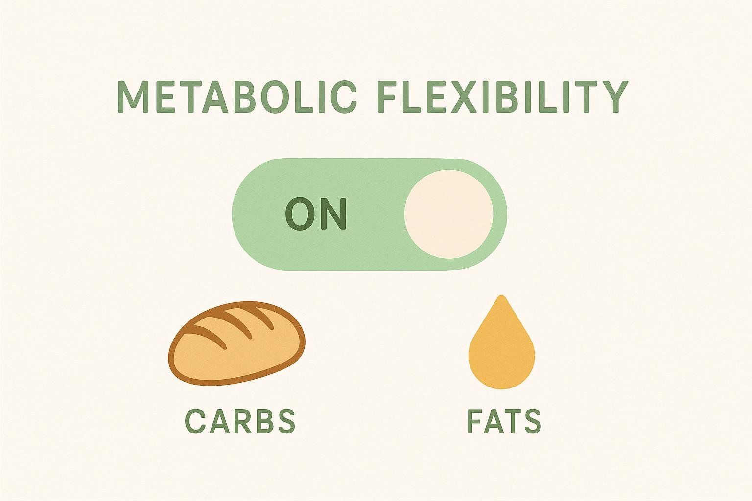 A light green and beige illustration showing a toggle switch for 'Metabolic Flexibility' with 'ON' selected. Below the switch are icons for 'Carbs' (a loaf of bread) and 'Fats' (a yellow droplet), illustrating the body's ability to switch between these fuel sources.