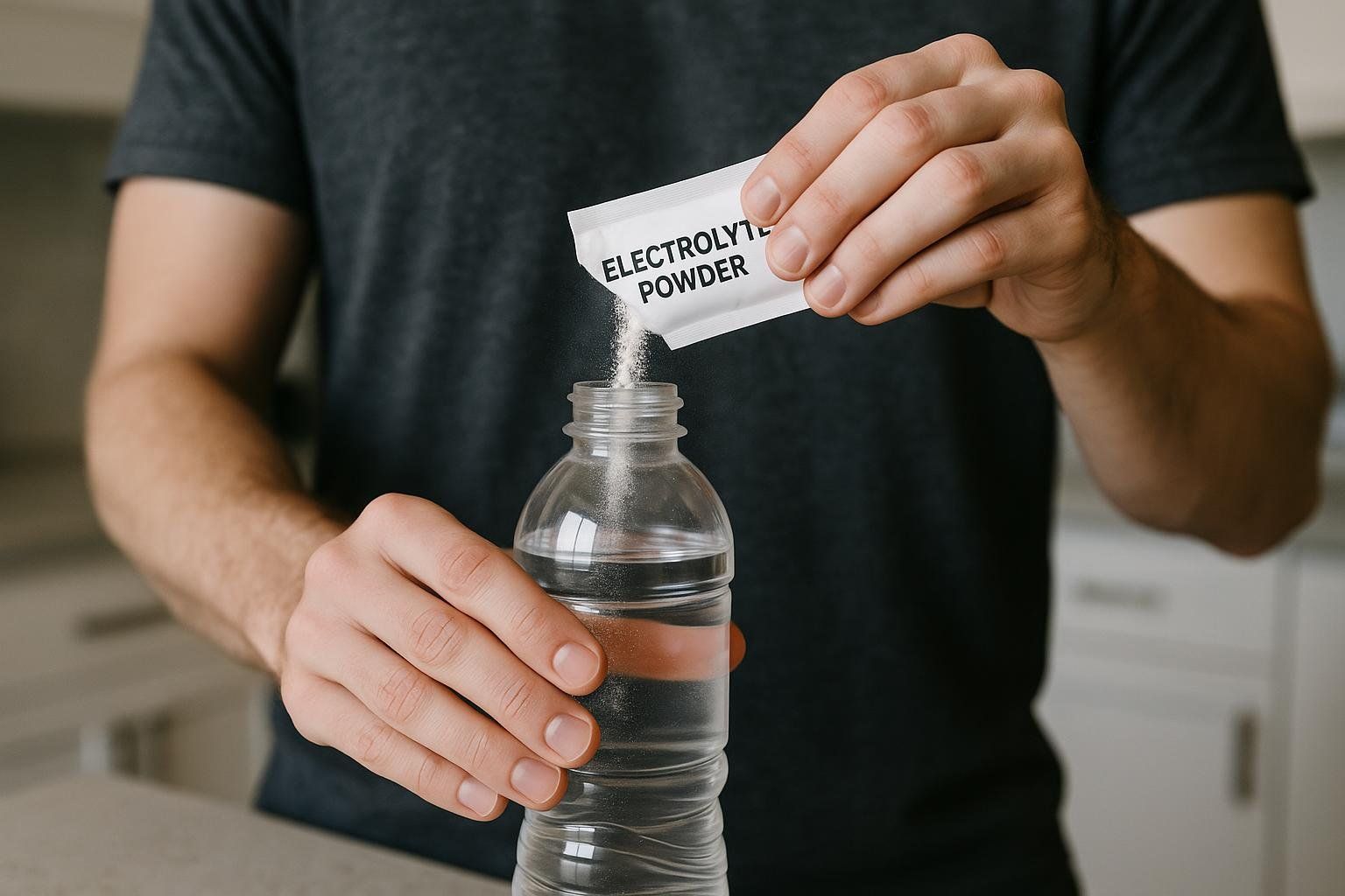 A person pouring white electrolyte powder from a small packet labeled 'ELECTROLYTE POWDER' into a clear plastic water bottle filled with clear liquid. The person wears a dark t-shirt, and parts of a white kitchen counter and cabinets are visible in the blurred background. Their strong hands hold the packet and the bottle steady.