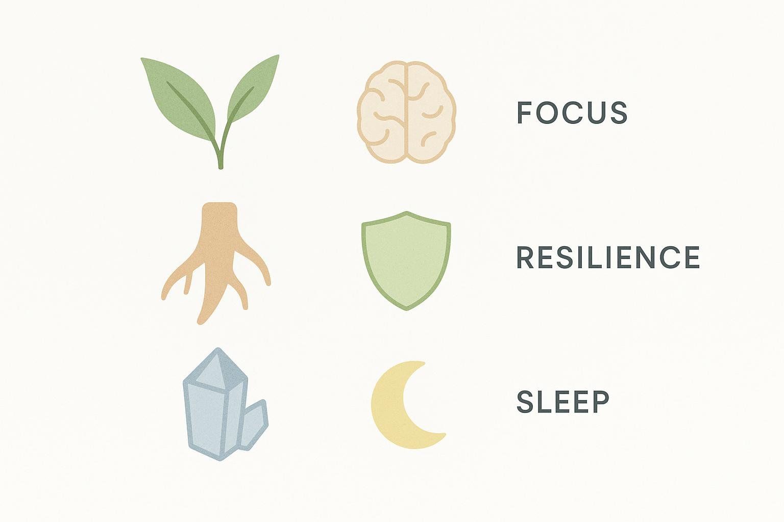An infographic comparing relax drink ingredients with icons for their primary benefit, such as focus, resilience, or sleep.