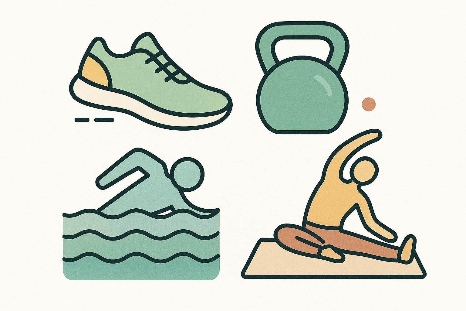 A set of four icons representing a variety of exercise types: walking, strength training, swimming, and flexibility.