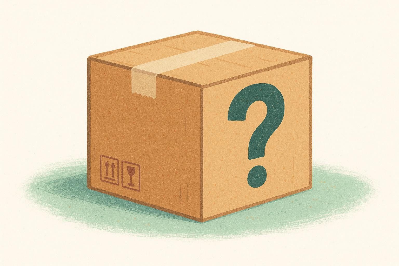 Cardboard shipping box with a question mark on the side