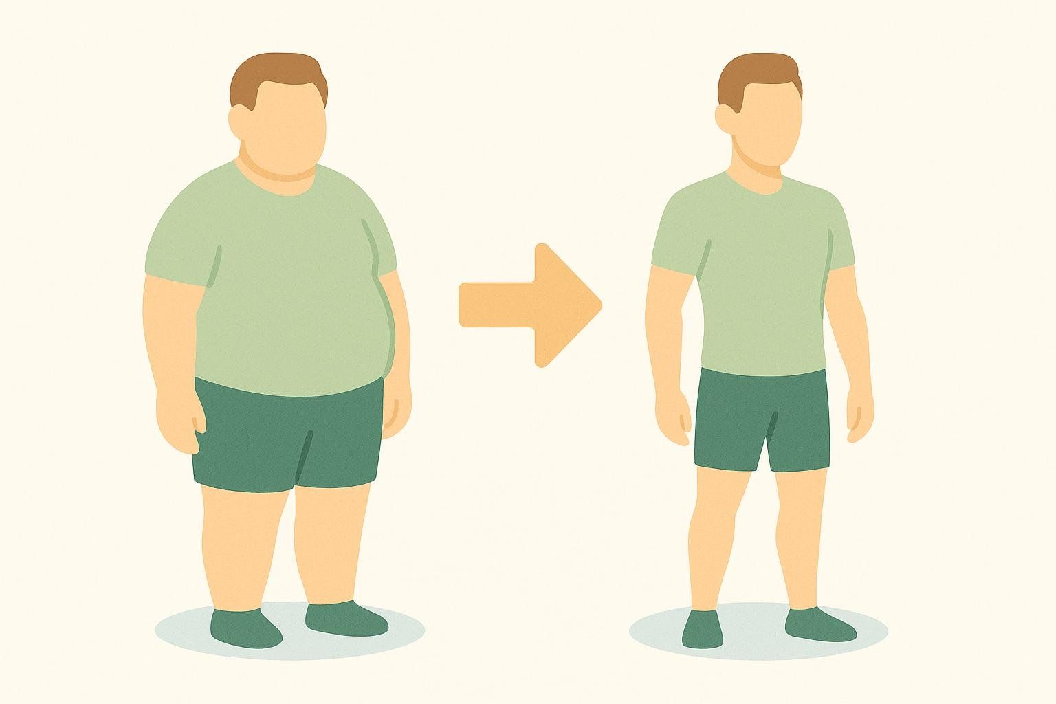 An infographic showing a transition from a person with a heavier build to a person with a leaner, more muscular build, symbolizing weight loss and fitness goals, with an arrow in between the two figures.