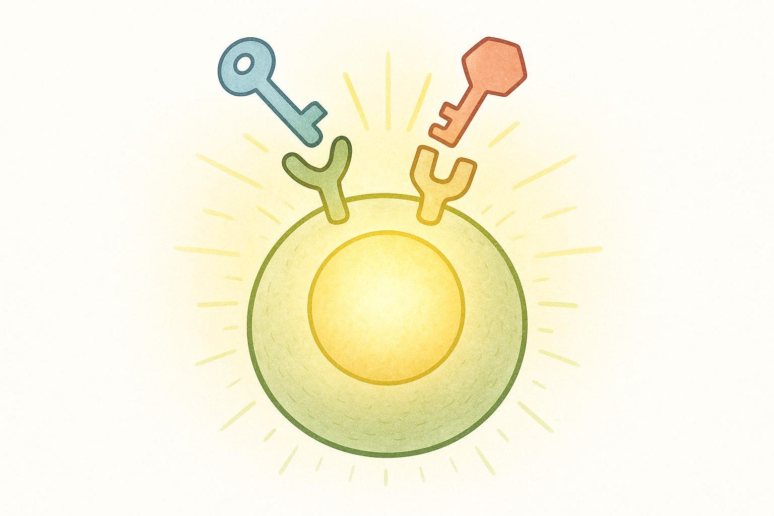 Illustration showing a dual-agonist peptide activating two different receptors on a cell, creating a synergistic effect.