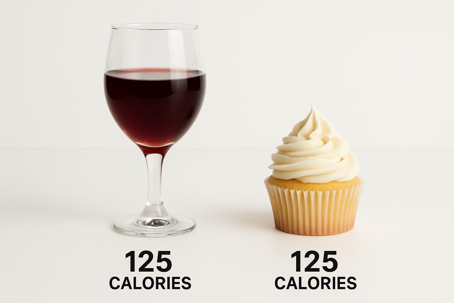 A glass of red wine next to a vanilla cupcake, both labeled as containing 125 calories, illustrating how a glass of wine can have a similar calorie count to a cupcake.