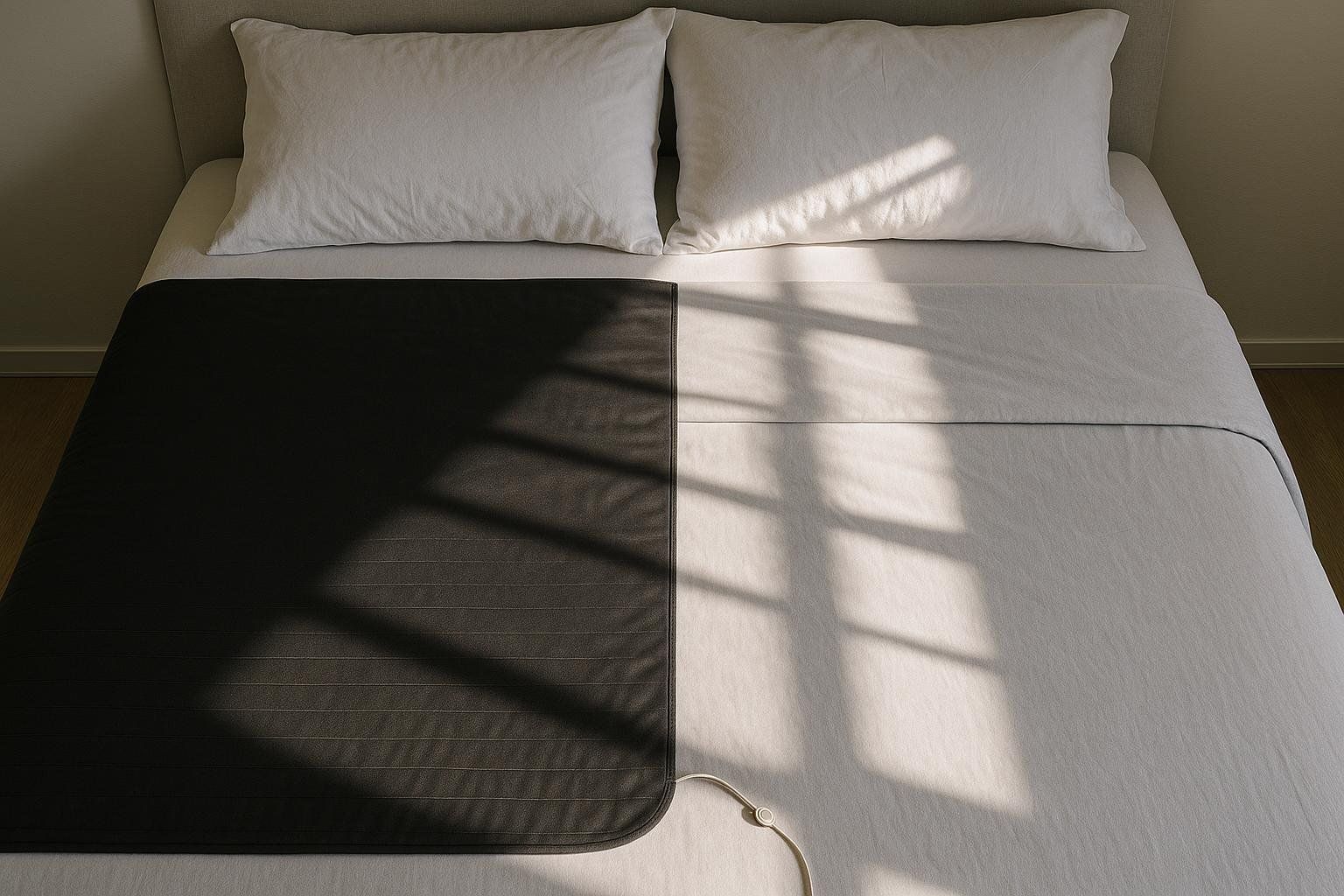An overhead view of a bed with white bedding and two white pillows. A dark-colored grounding mattress pad covers half of the bed, with a wire connecting to it in the bottom right corner. Sunlight casts shadows across the bed.