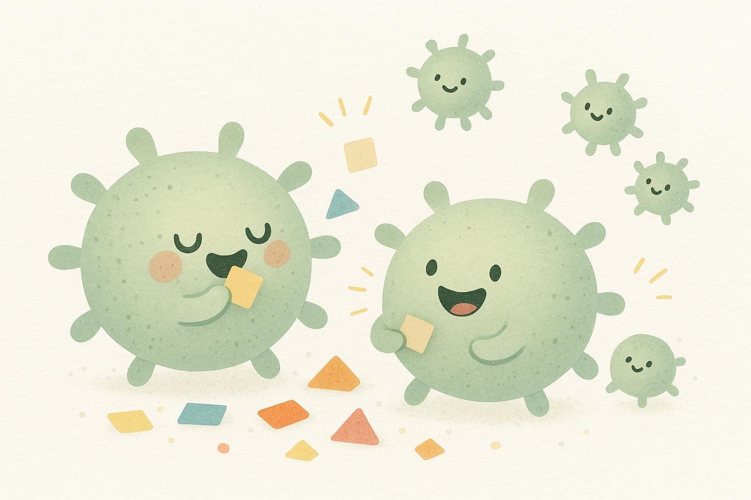 An illustration of happy, green, cartoon-like gut bacteria eating colorful shapes representing prebiotic fibers. Two large bacteria in the foreground are smiling and holding square shapes, while several smaller bacteria with cheerful expressions float in the background, surrounded by scattered geometric shapes.