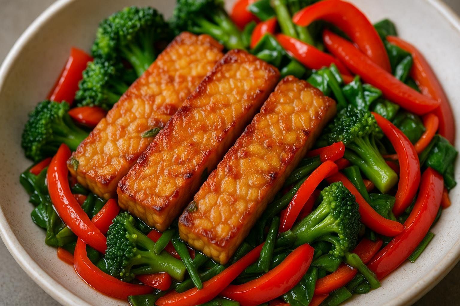 Slices of golden-brown pan-fried tempeh served in a colorful vegetable stir-fry with broccoli and red bell peppers.