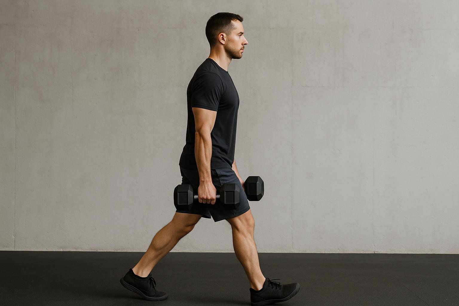 Side view of a man performing a lunge with dumbbells in each hand. He has a straight back and is wearing a black t-shirt and dark shorts against a gray wall and black floor.