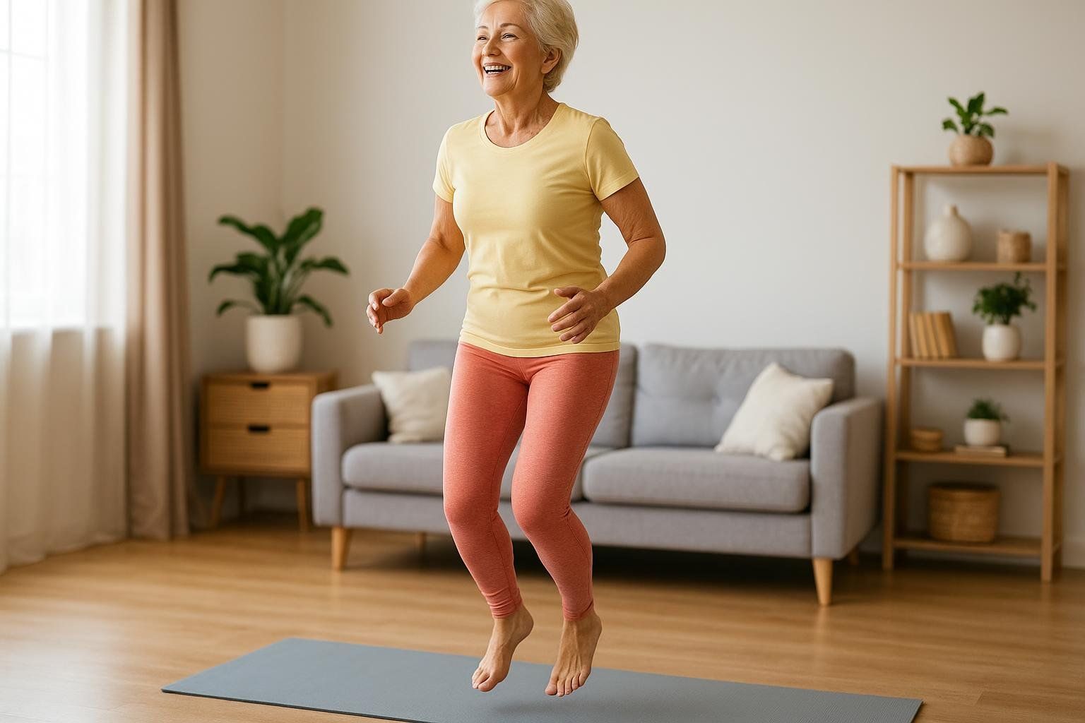 A senior woman with white hair, wearing a yellow t-shirt and pink activewear pants, performing a gentle hop on a grey yoga mat in a living room, an exercise that can improve bone mineral density. She is smiling and looking to her left.