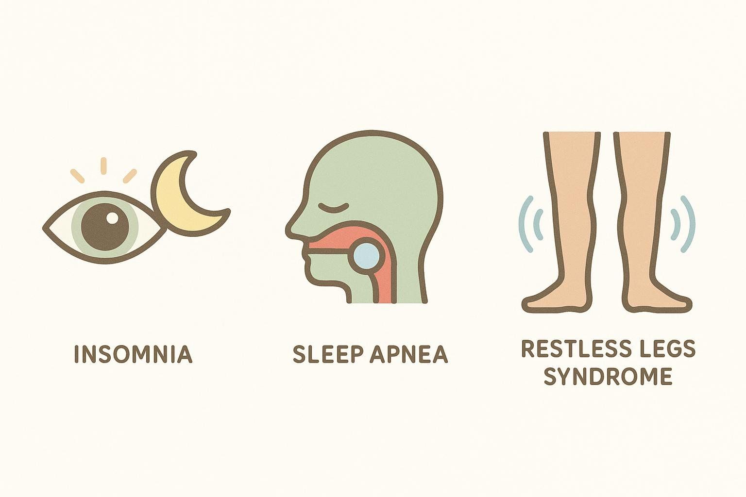 A set of three icons representing common perimenopause sleep disorders: insomnia (an eye next to a crescent moon with light rays), sleep apnea (a cross-section of a head showing an obstructed airway), and restless legs syndrome (two legs with motion lines).
