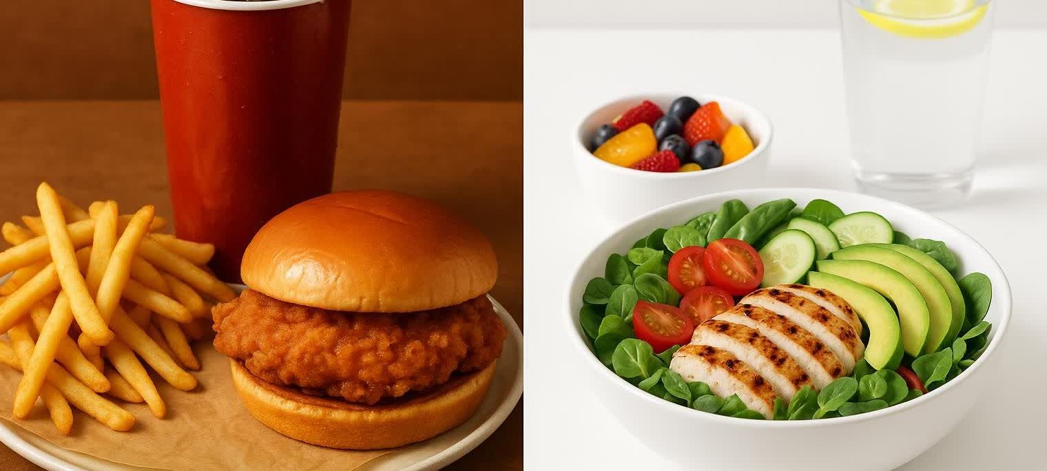 A side-by-side comparison of an unhealthy fast-food meal on the left, featuring a fried chicken sandwich, fries, and a red beverage, and a healthy meal on the right, featuring a grilled chicken salad with avocado, tomatoes, spinach, cucumber, a side of fruit, and water.