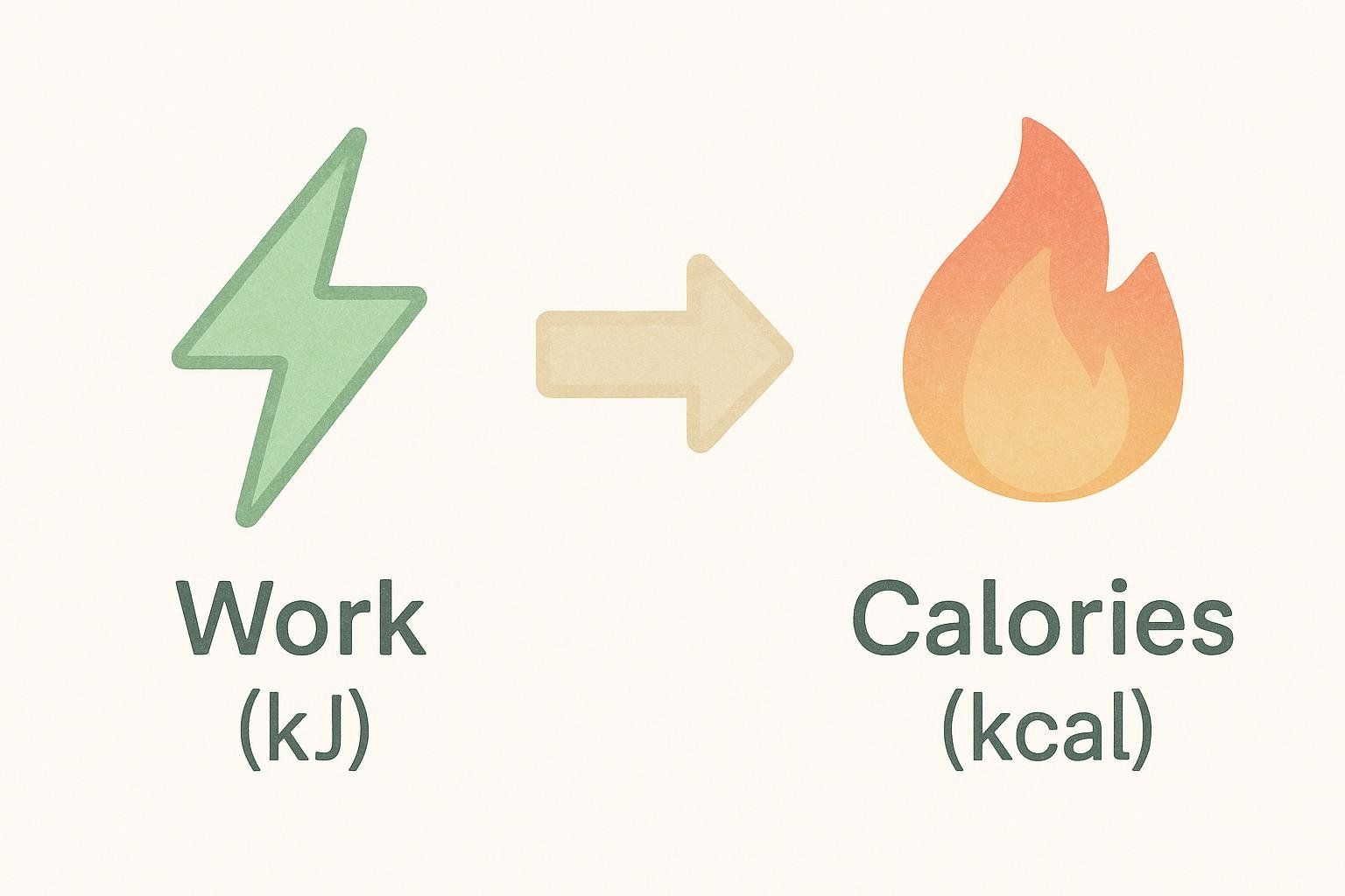 An icon visualizing the conversion of work (kilojoules) into calories (kilocalories). A green lightning bolt icon transitions via an arrow to an orange flame icon, with the terms 'Work (kJ)' and 'Calories (kcal)' respectively underneath.