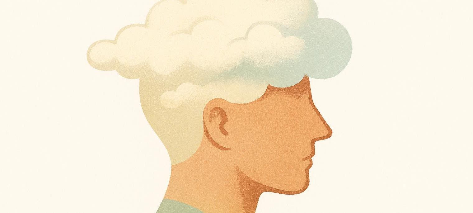 Stylized illustration of a person's head dissolving into a soft cloud, representing brain fog.