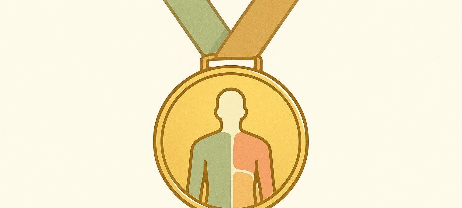 An illustration of a gold medal with a ribbon. The medal features an icon of a human body, divided into sections representing fat, muscle, and bone, signifying excellent body composition.