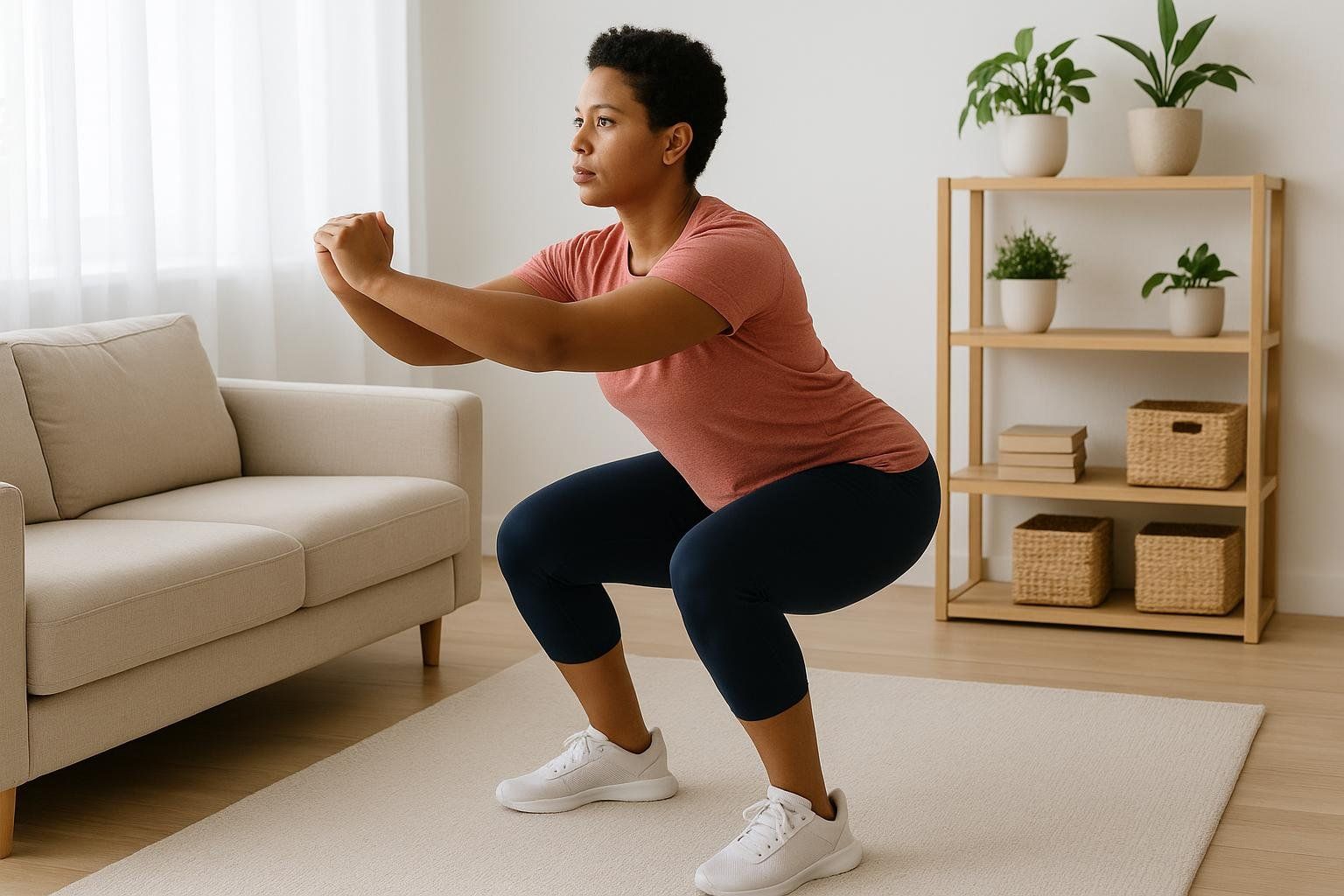 A woman in a coral t-shirt and dark blue capris performing a bodyweight squat on a rug in her living room. She is looking forward with her hands clasped in front of her chest. A light-colored sofa is to her left and a wooden shelf with potted plants and storage baskets is to her right.