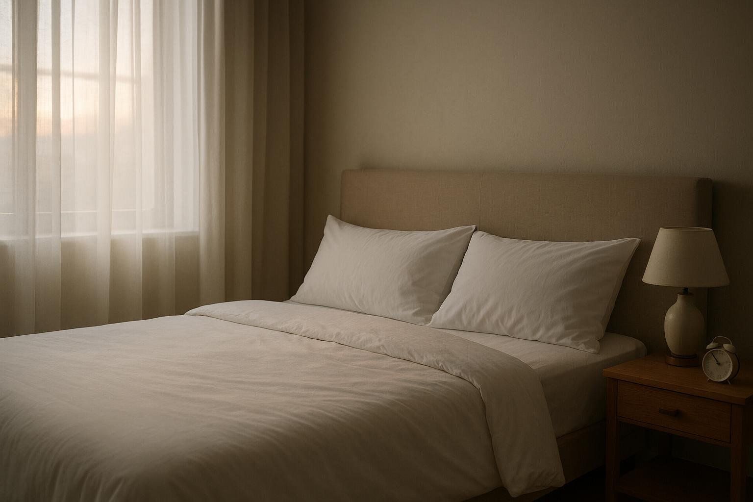 A peaceful bedroom scene with light filtering through the curtains in the morning.