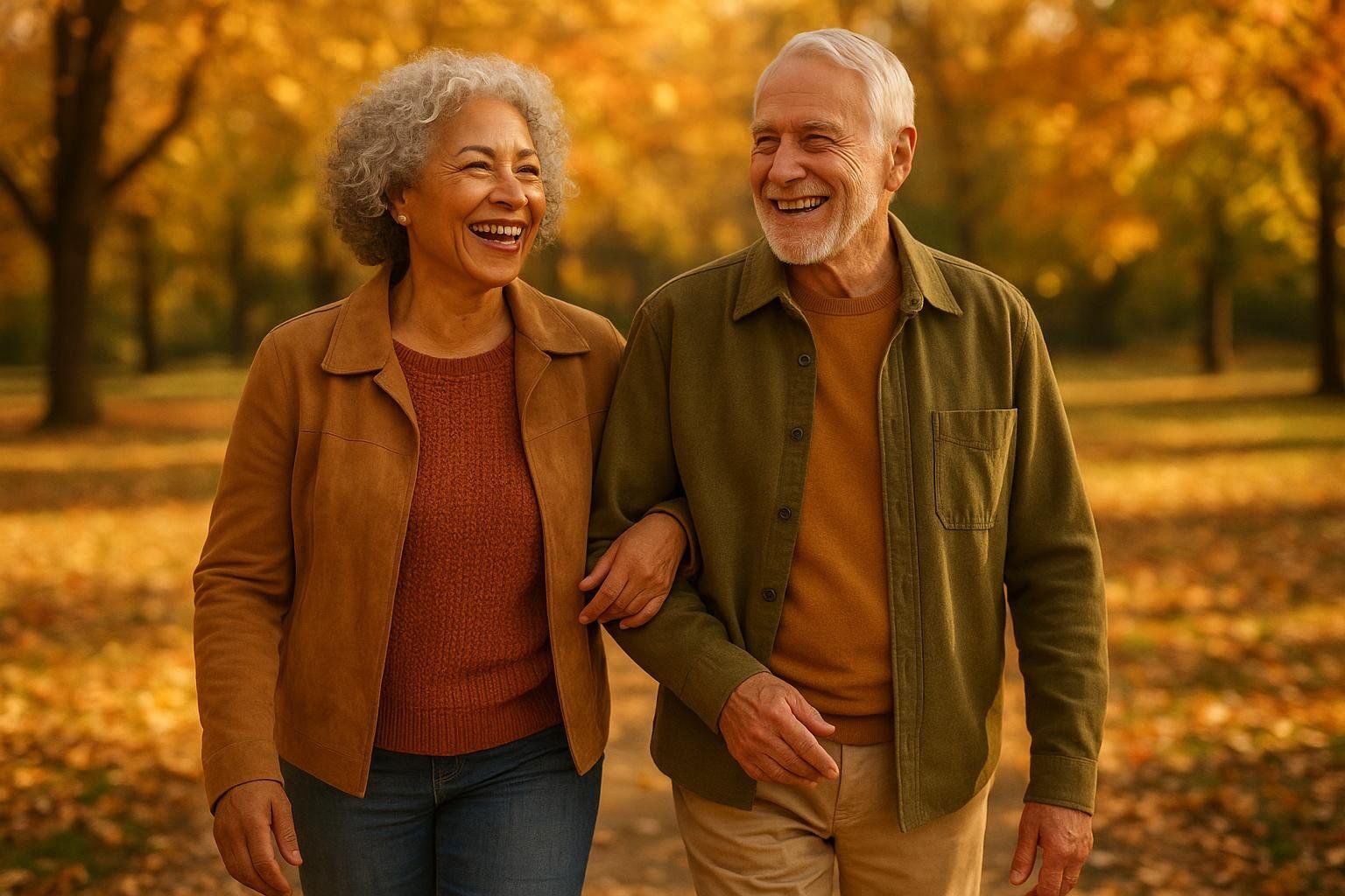 A happy, diverse elderly couple with gray hair, arm-in-arm, smiling and laughing while walking in a park with golden autumn leaves on the trees and ground.