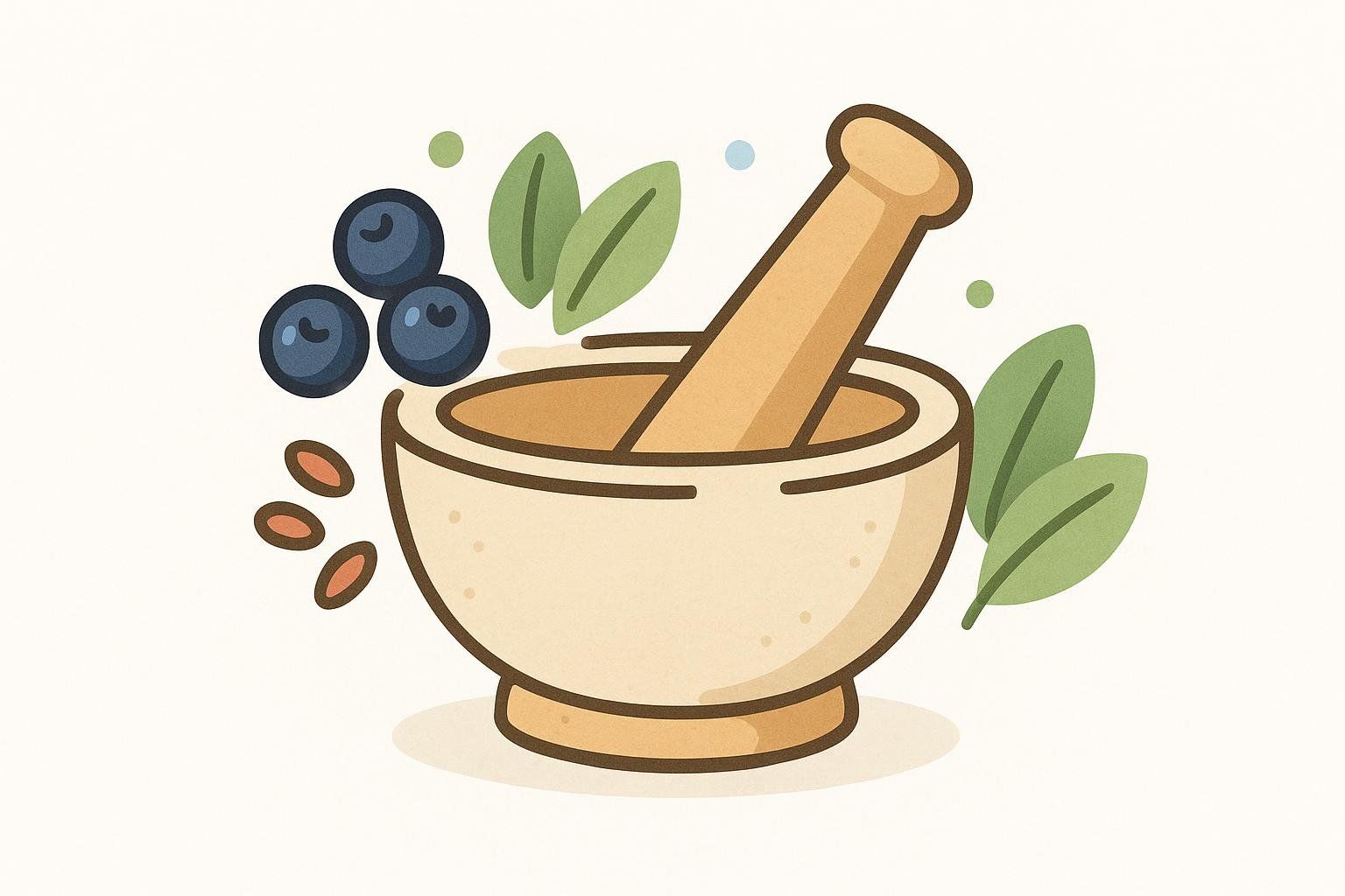 Illustration of a mortar and pestle surrounded by blueberries, leaves, and other small items, symbolizing nutritional ingredients.