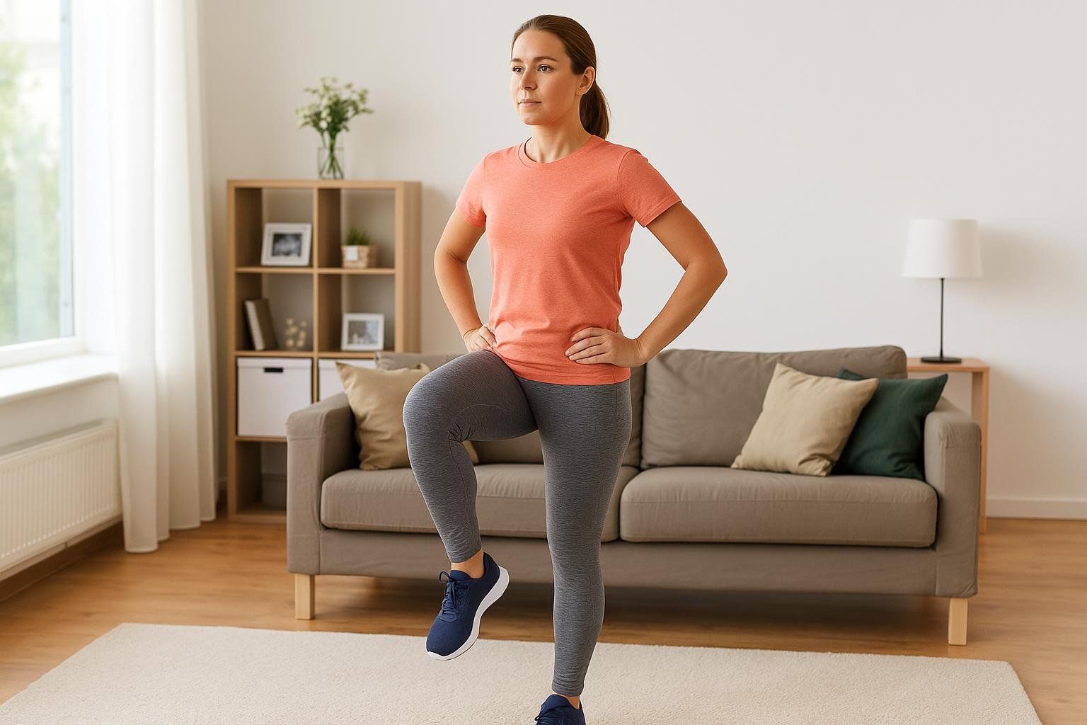 A woman stands on one leg with her hands on hips, looking forward, as she performs a 30-second balance self-test in a living room.