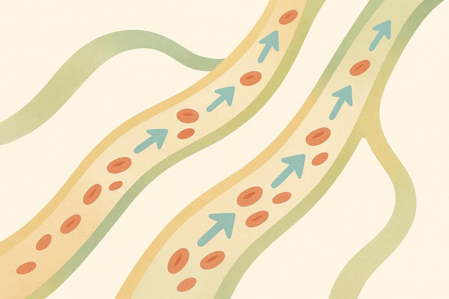 An abstract illustration depicting blood vessels with red blood cells and blue arrows indicating the direction of circulation or blood flow.