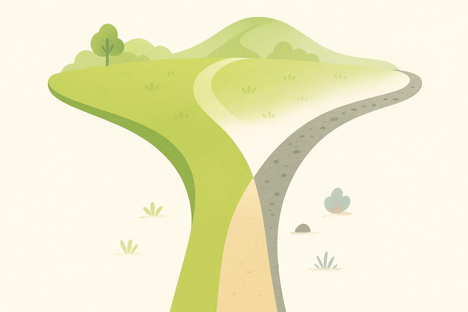 Illustration of a path splitting into two branches: a bright green, lush side representing positive outcomes and a faded gray, rocky side representing negative outcomes.