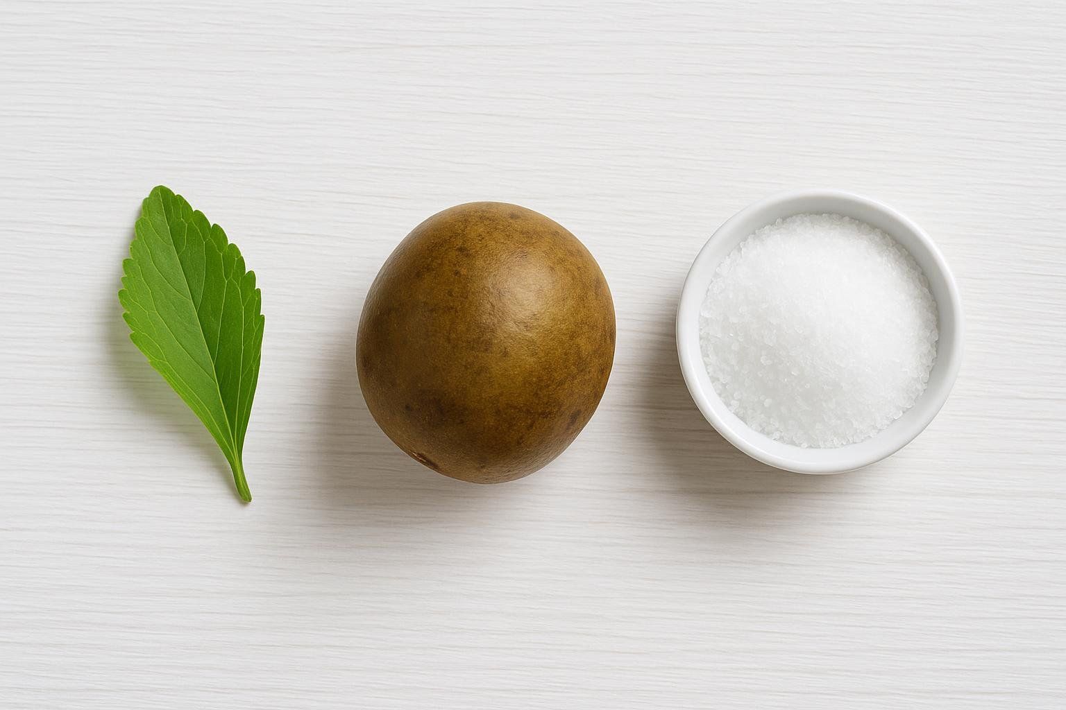 A flat lay of natural sugar alternatives: a green stevia leaf, a brown monk fruit, and a white bowl of granular allulose, all arranged on a white wood surface.