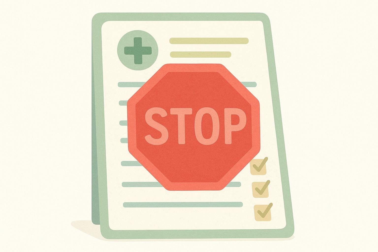 An illustration of a medical document with a green cross and lines of text. A red stop sign with the word STOP on it is in the center of the document. Three boxes with check marks are on the right side.