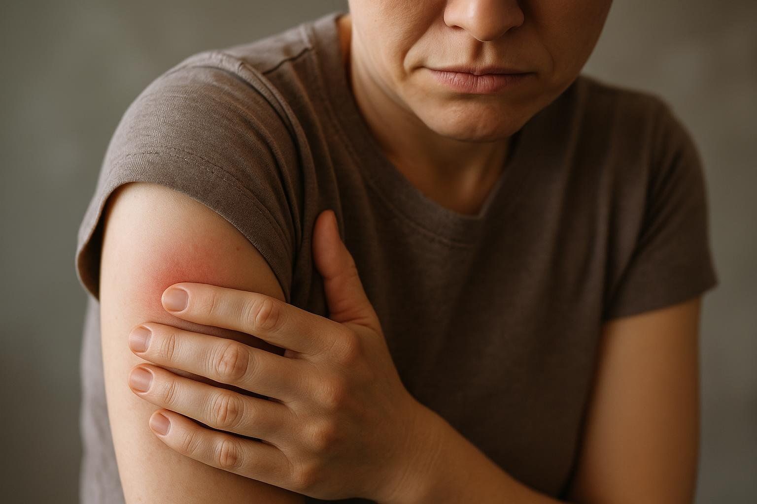 Close-up of a woman holding her upper arm, where a red, inflamed area indicates soreness at a potential injection site, possibly from a B12 shot.