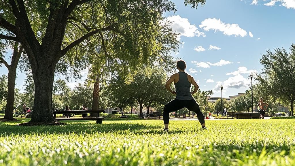 A person is exercising outdoors in a park on a sunny day.