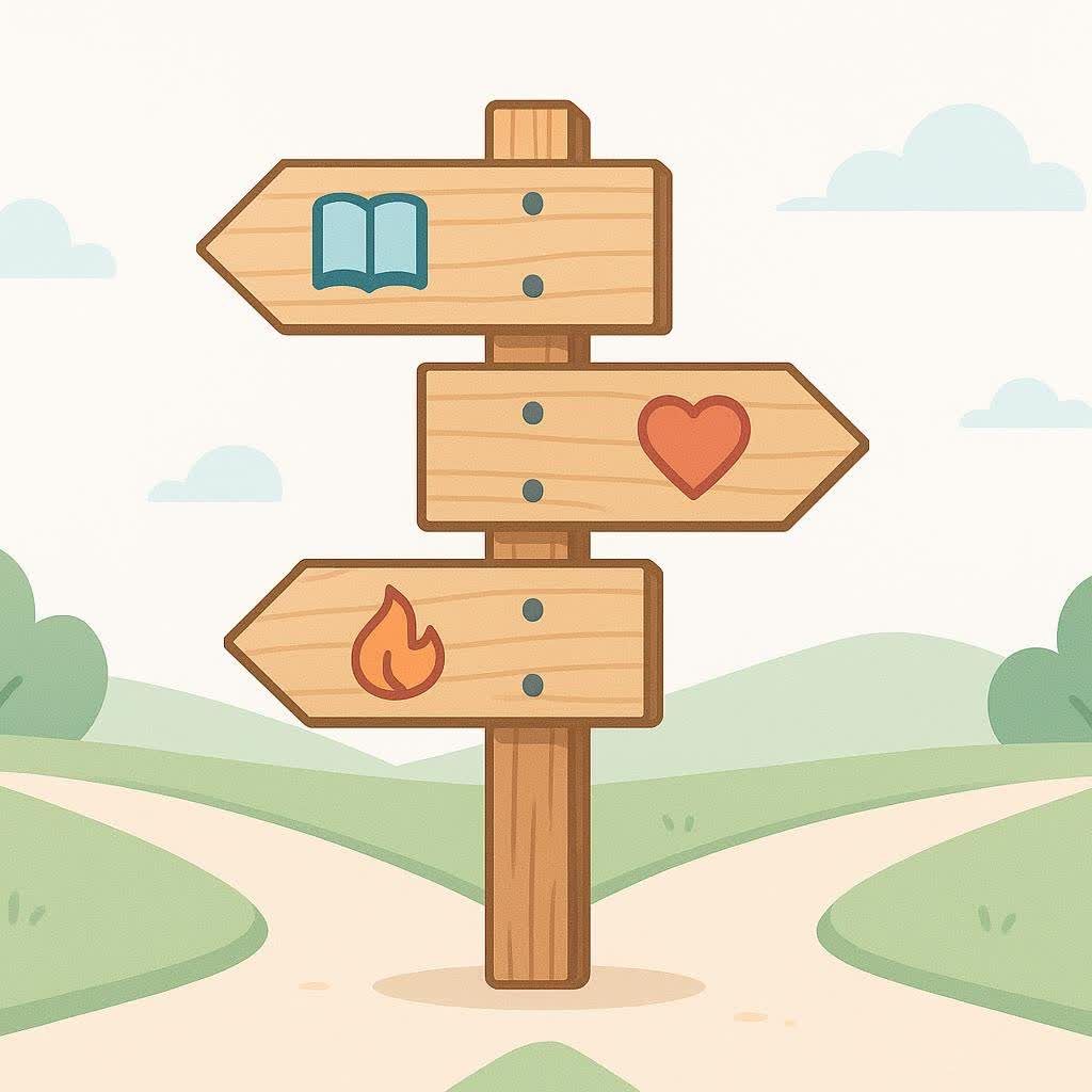 An illustration of a wooden signpost at a fork in a path. The three signs point in different directions: one with an open book, one with a heart, and one with a flame. This symbolizes different paths or options for managing menopause.