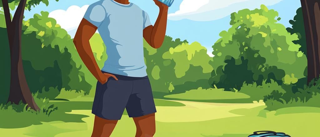 A man in a light blue shirt and dark shorts takes a drink of water in a sunny park with trees and green grass.