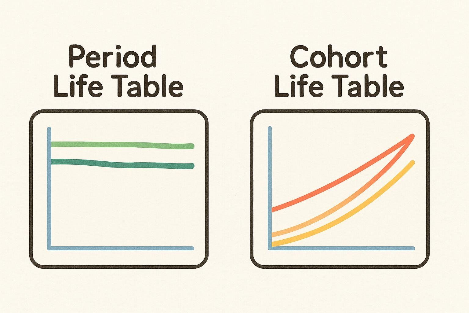 Illustration comparing a static Period life table graph with an upward-trending Cohort life table graph showing three lines.