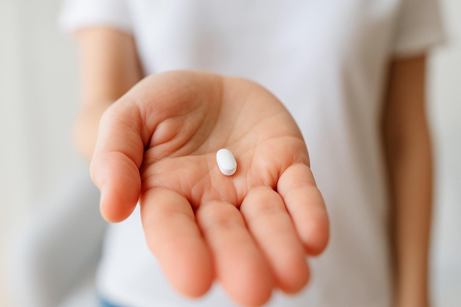 A white, oval-shaped pill rests in the palm of a person's outstretched hand, wearing a white t-shirt in the blurry background.