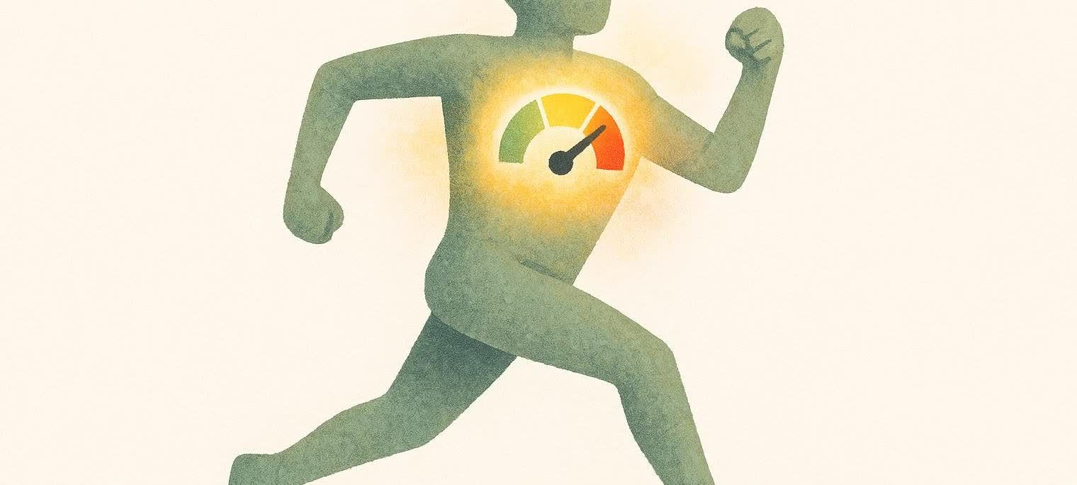 An illustration of a green-skinned runner with a glowing, colorful effort meter on their chest, indicating Rate of Perceived Exertion (RPE).