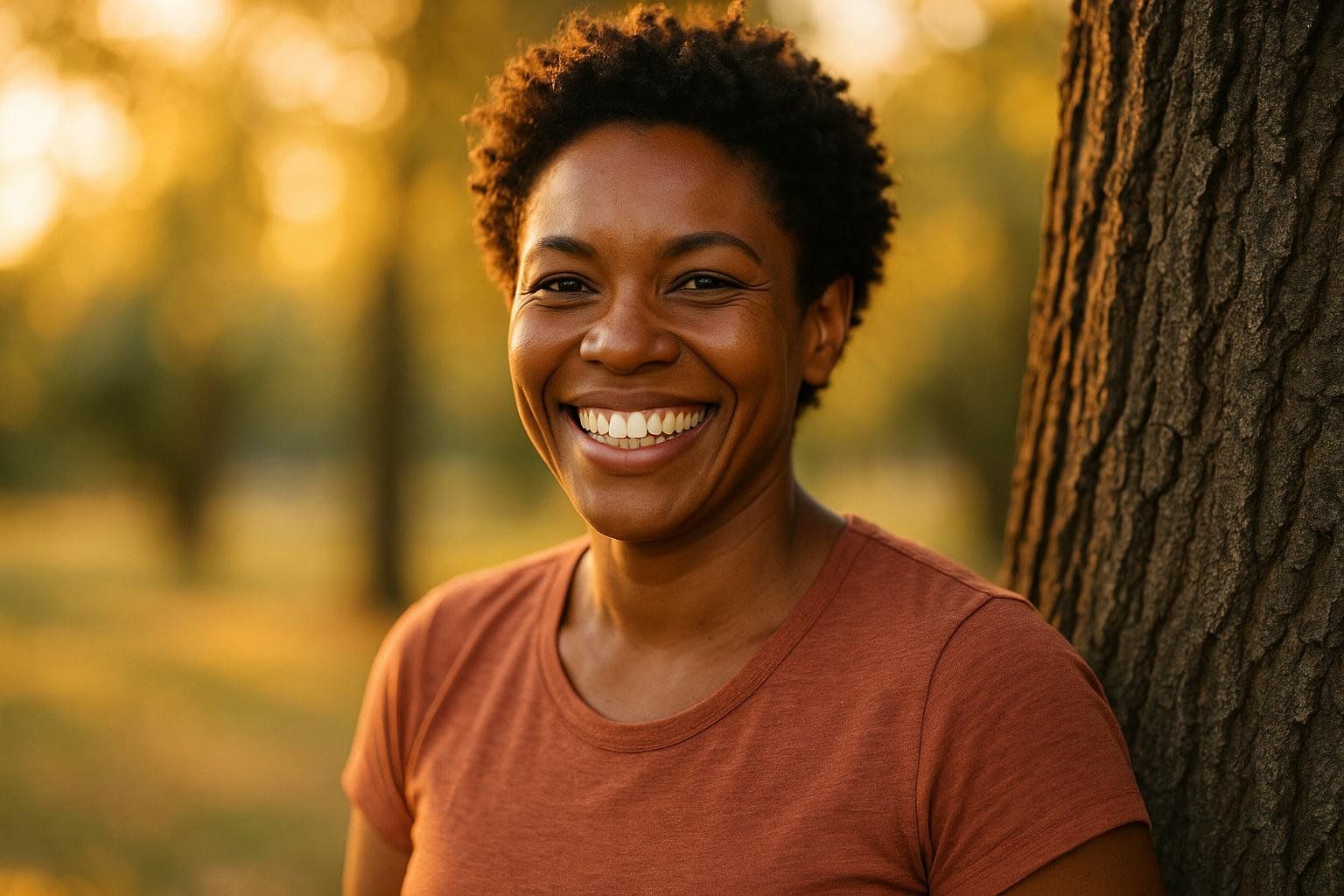 A woman with dark skin and short curly hair smiles broadly while leaning against a tree in a park during golden hour.