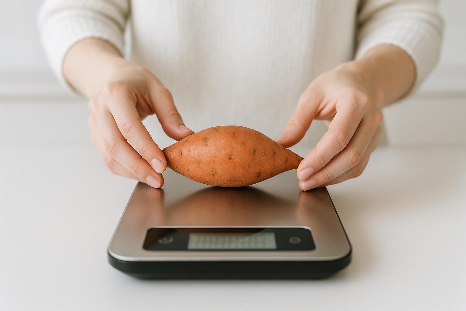 A person weighing a sweet potato on a kitchen scale to practice accurate portioning for carb counting.