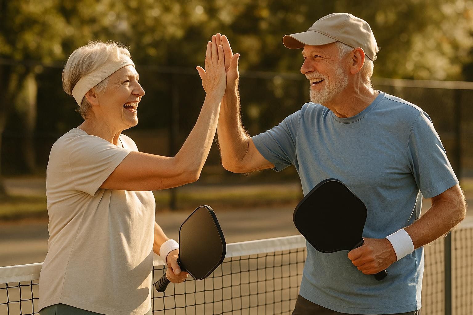 Two older adults, a woman and a man, smiling and giving each other a high-five on a pickleball court, holding their paddles. They appear happy and engaged in the social aspect of the game.