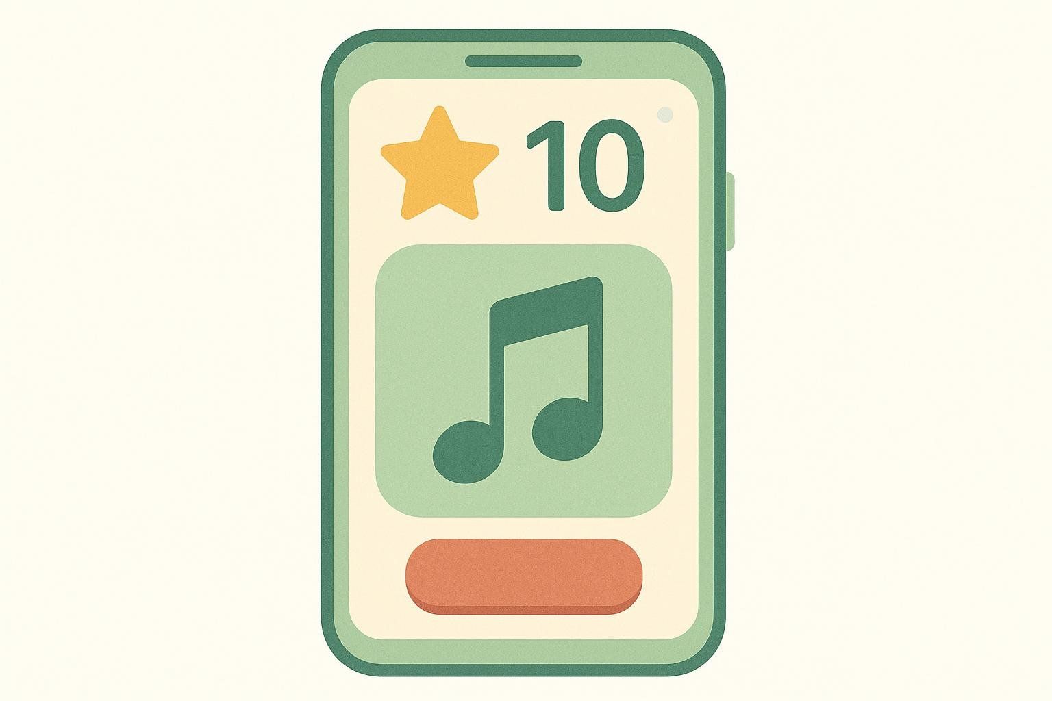 An illustration of a mobile phone screen displaying a reward of '10' points with a star icon, and a music note icon below it. A brown button is at the bottom of the screen.