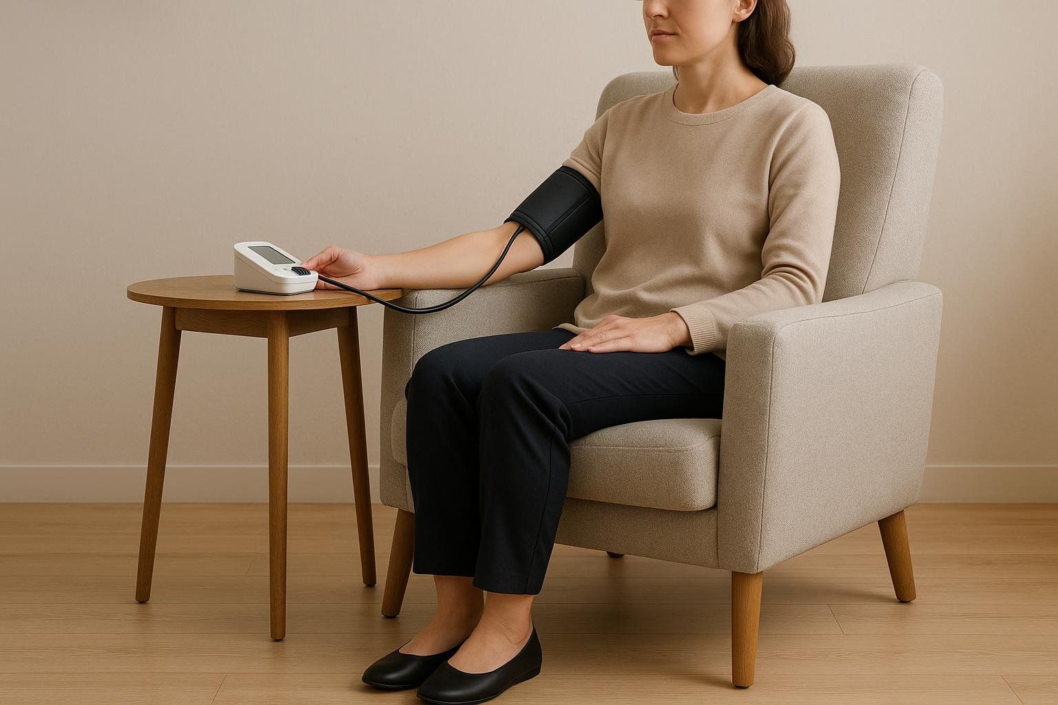 A person sits calmly in an armchair with a blood pressure monitor cuff on their left arm, correctly positioned for an accurate reading. The blood pressure device is on a small wooden table next to them.