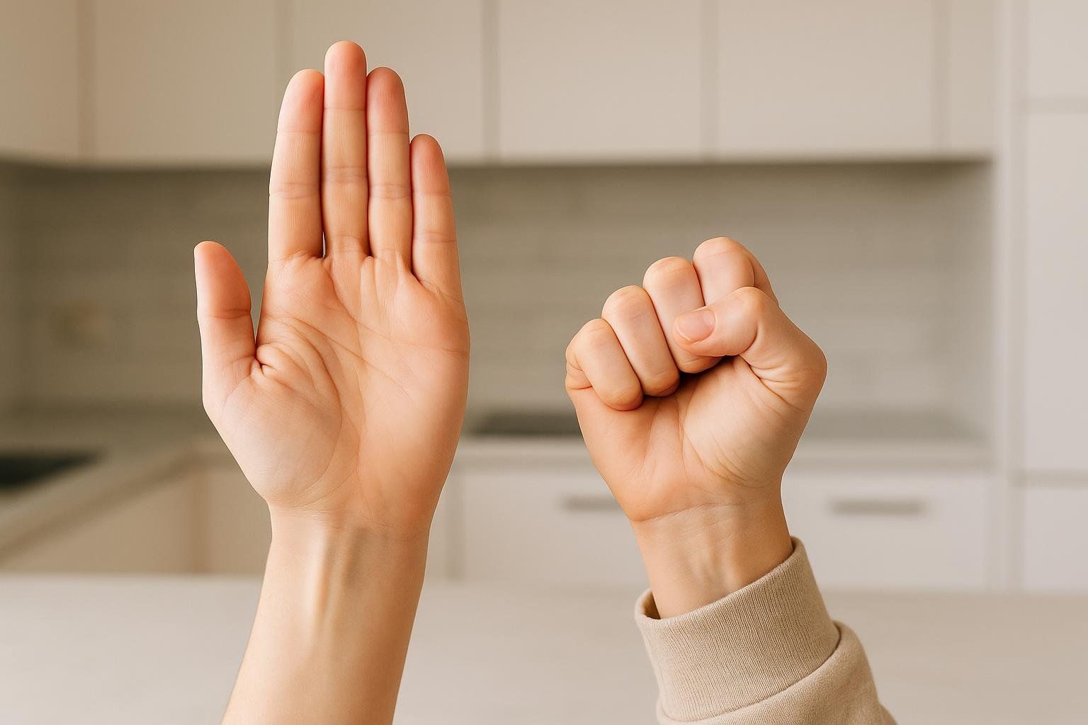 Two hands demonstrating portion control in a kitchen: one hand is open, palm up, representing a palm-sized portion of protein, and the other hand is closed in a fist, representing a fist-sized portion of vegetables for dietary guidance.