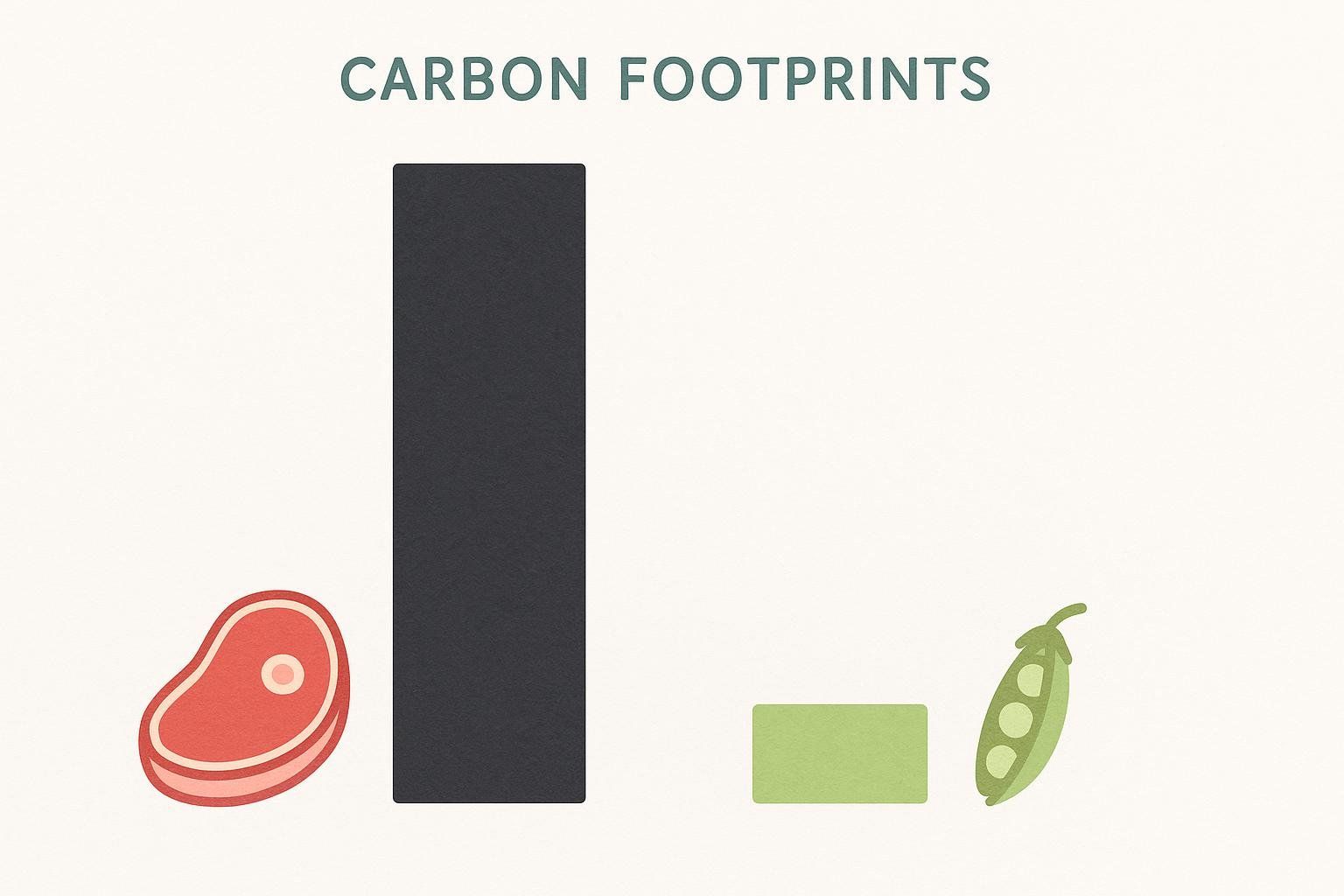 An infographic that visually compares the carbon footprint of beef to that of peas. A large dark gray bar and a red steak icon represent beef's footprint, while a small light green bar and a green pea pod icon represent peas' footprint, indicating beef has a significantly larger impact.