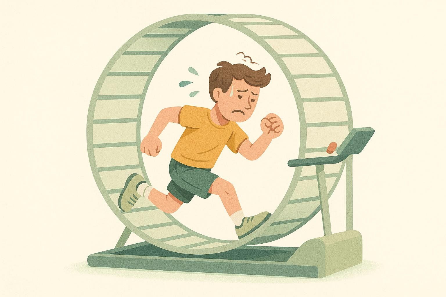 A person running on a hamster wheel, symbolizing workout burnout, a common cardio mistake.