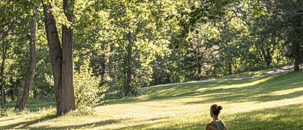 A woman sits facing away on a grassy hill in a park looking at a path winding through trees in the background.