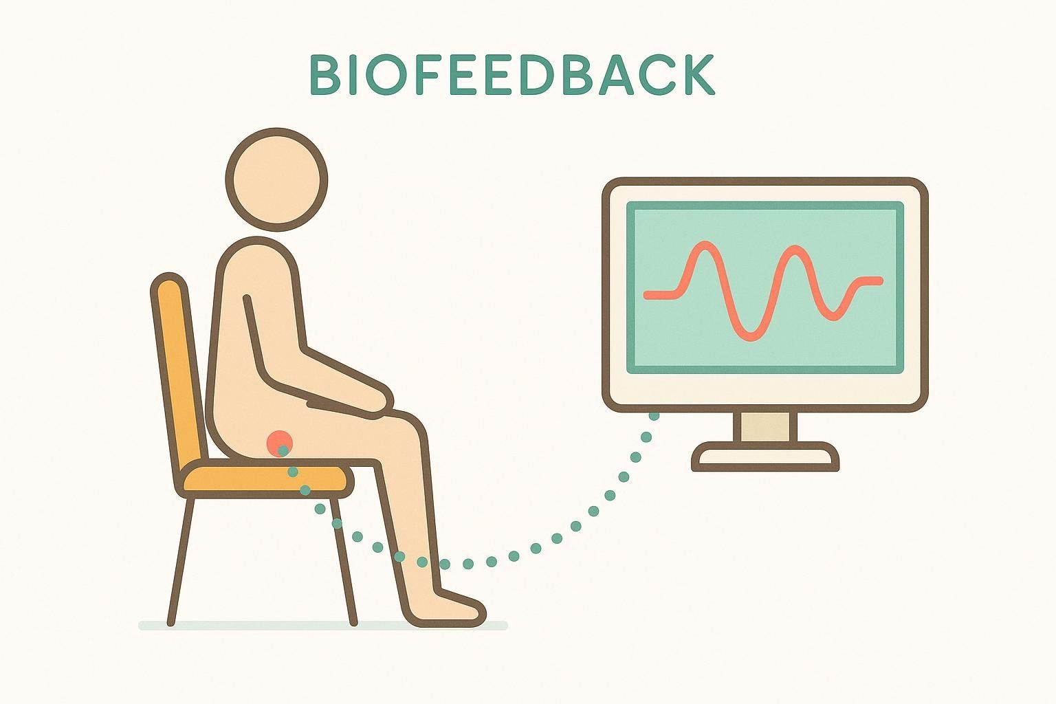 A conceptual illustration of biofeedback, showing an outline of a person sitting on a chair with a red circle indicating the pelvic muscle area. A dotted line connects this area to a computer monitor displaying a red waveform, representing real-time feedback.