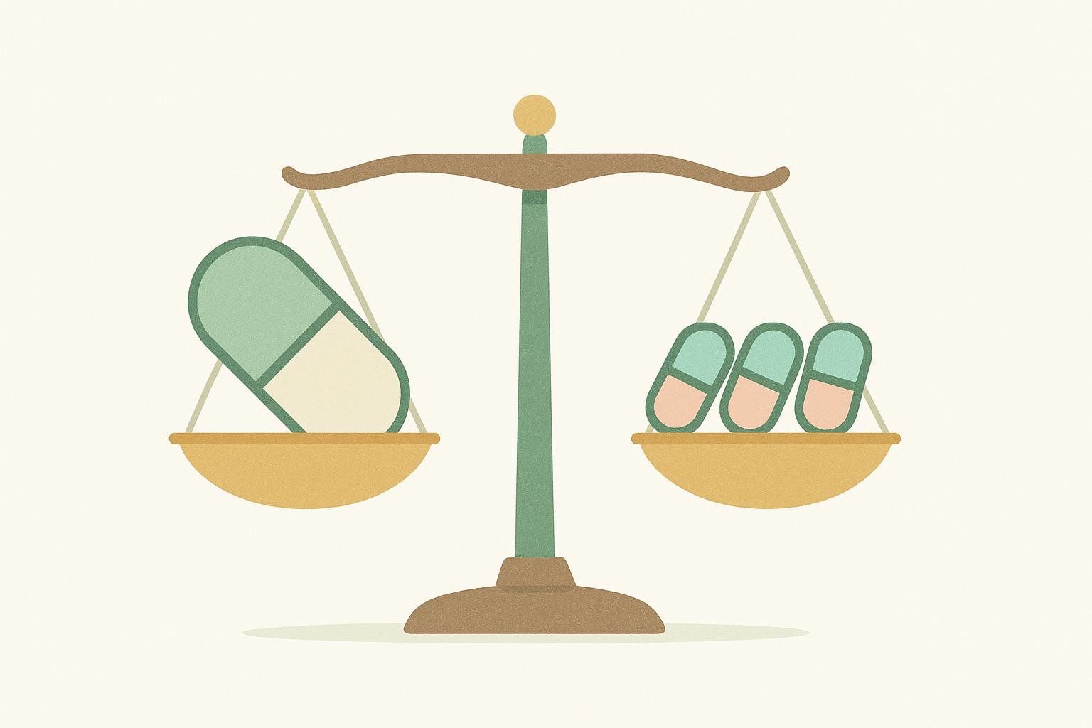 Illustration of a balance scale tipped heavily by one large pill on one side, with three small pills on the other, symbolizing price disparity.