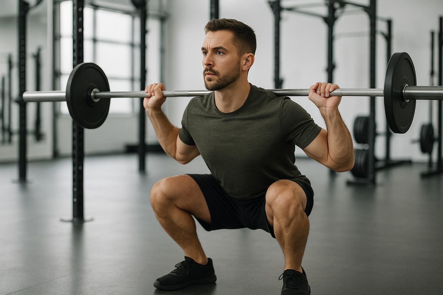A man in a dark green t-shirt and black shorts performs a barbell squat in a gym, with the barbell resting on his upper back. He is looking forward with a focused expression, demonstrating good form in a deep squat position.