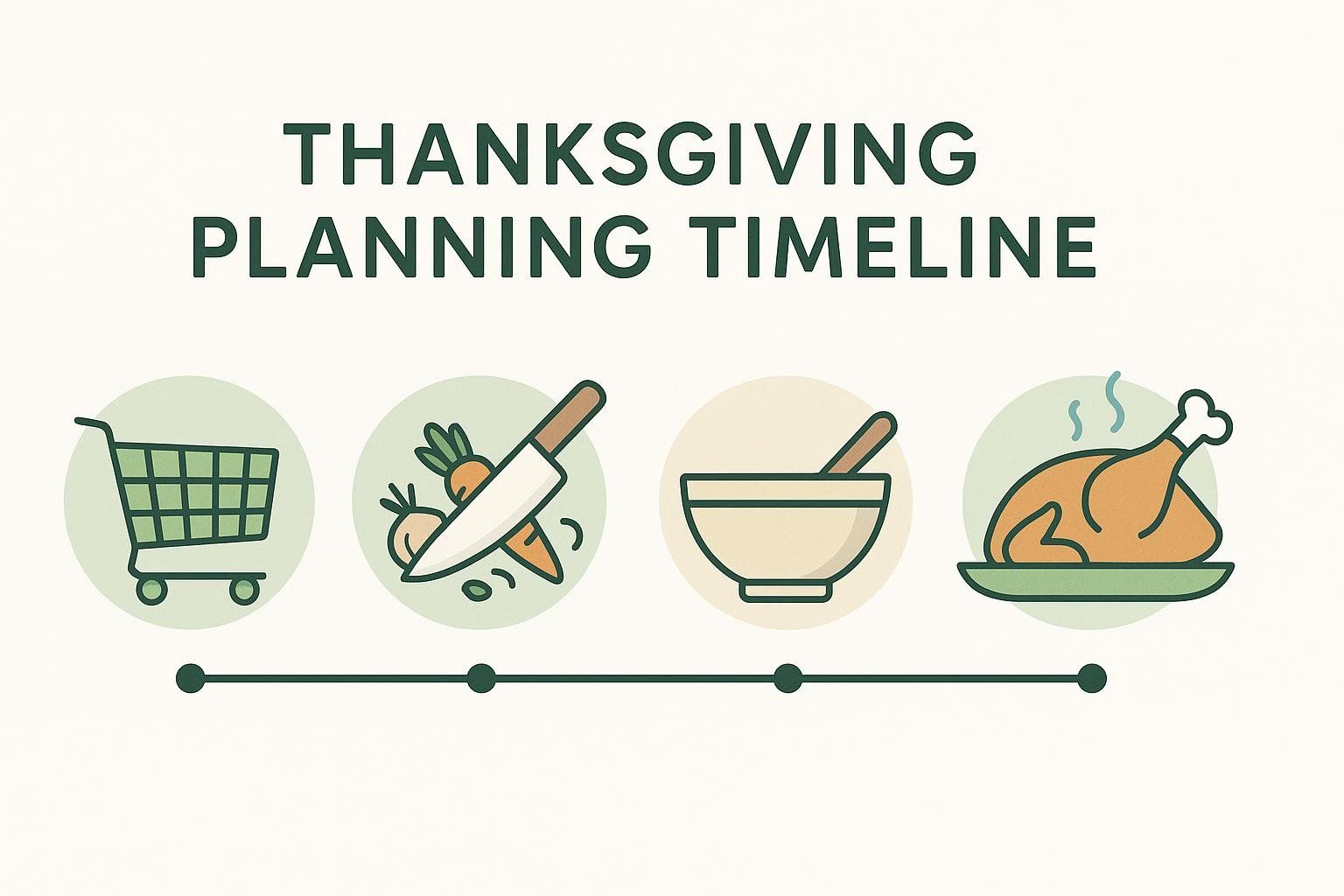 An illustration outlining a Thanksgiving planning timeline with four steps: shopping cart, chopping vegetables, mixing in a bowl, and serving a roasted turkey.