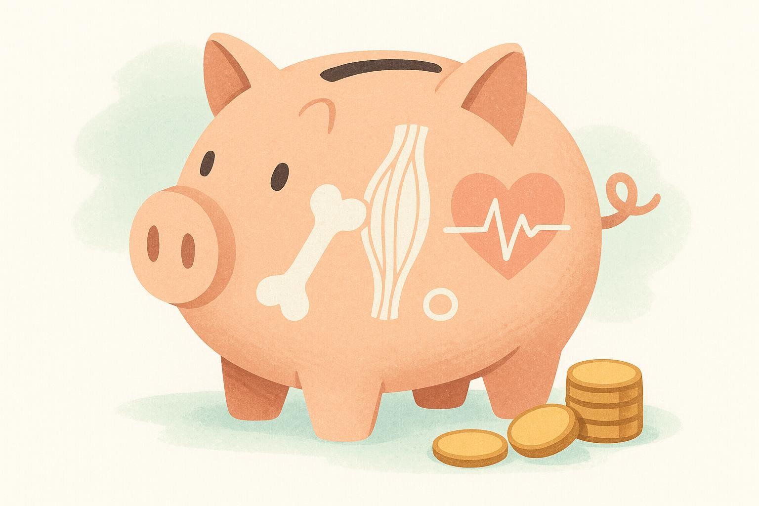 A stylized piggy bank decorated with a bone, muscle fiber, and heart with an EKG line, representing health care costs like a DEXA scan.