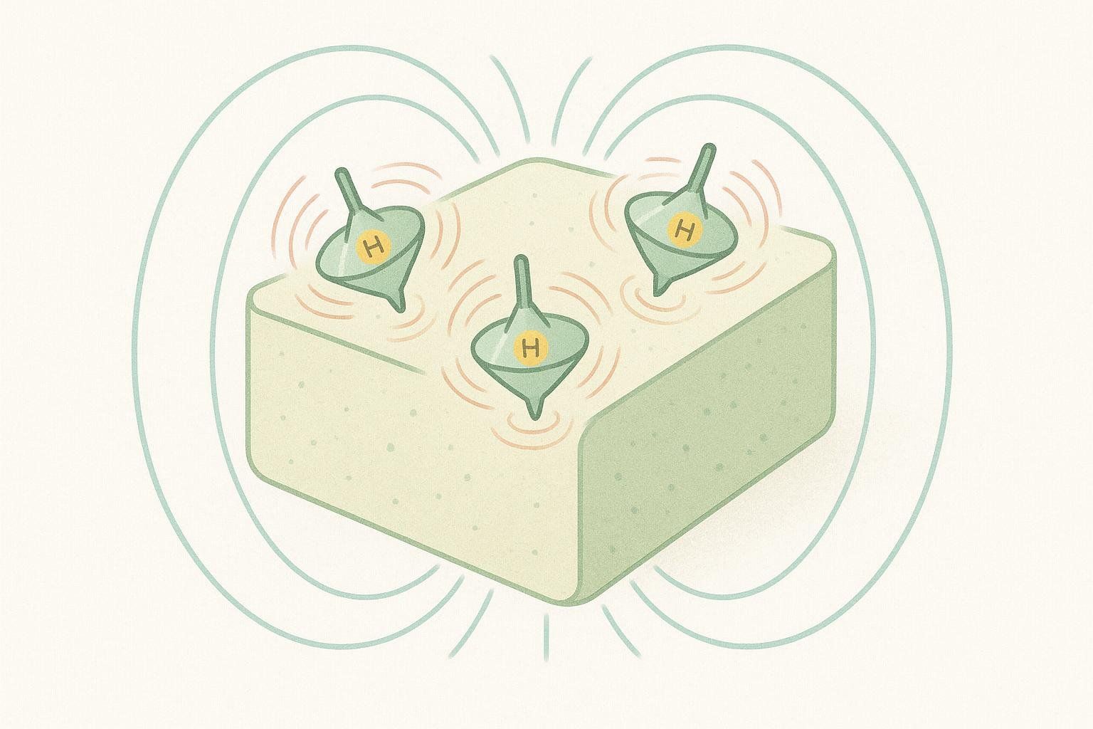 An abstract illustration of MRI technology using spinning tops labeled with "H" to represent hydrogen atoms interacting with surrounding magnetic fields and radio waves emitted from the tops.