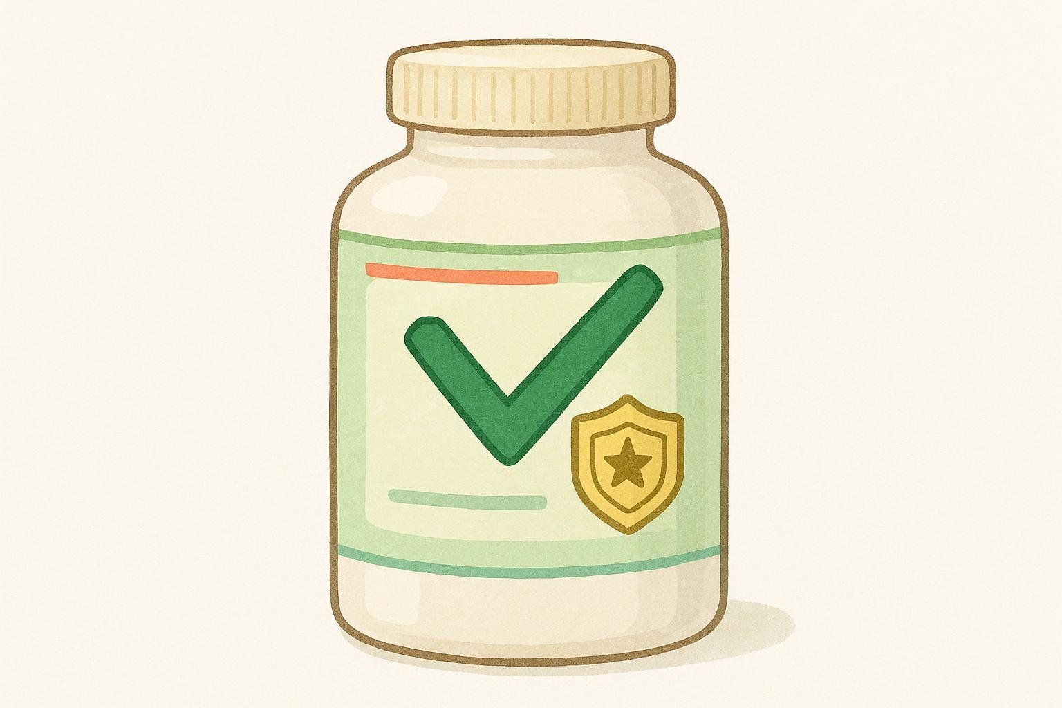An illustration of a supplement bottle with a checkmark and certification seal, representing the importance of third-party testing for safety.